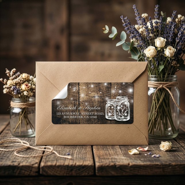 Rustic Wood Mason Jar String Light Wedding Address Label (Creator Uploaded)