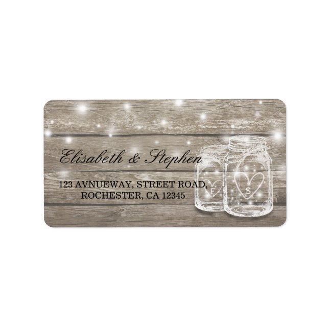 Rustic Wood Mason Jar String Light Wedding Address Label (Front)