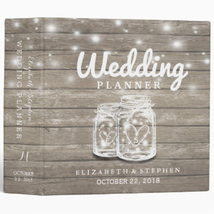 Rustic Wood Mason Jar String Light Wedding Planner Binder