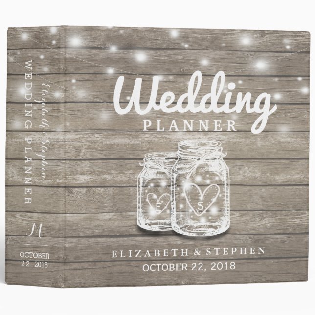 Rustic Wood Mason Jar String Light Wedding Planner Binder (Front/Spine)