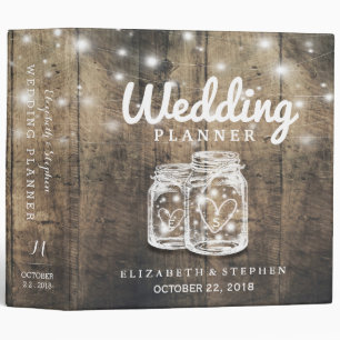 Rustic Wood Mason Jar String Light Wedding Planner Binder