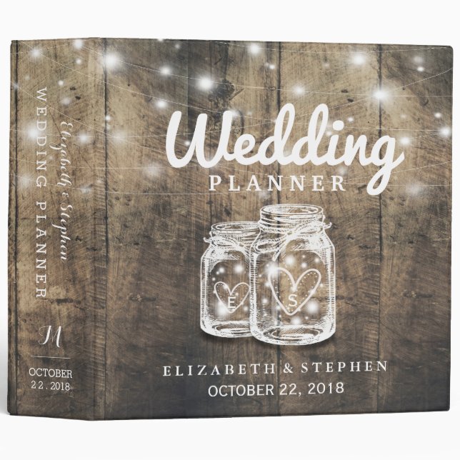 Rustic Wood Mason Jar String Light Wedding Planner Binder (Front/Spine)