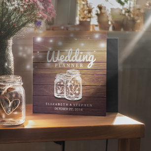Rustic Wood Mason Jar String Light Wedding Planner Binder