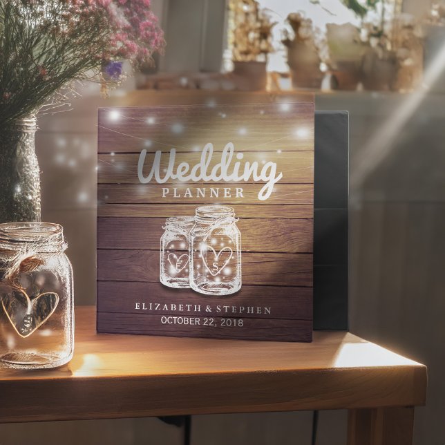 Rustic Wood Mason Jar String Light Wedding Planner Binder (Creator Uploaded)