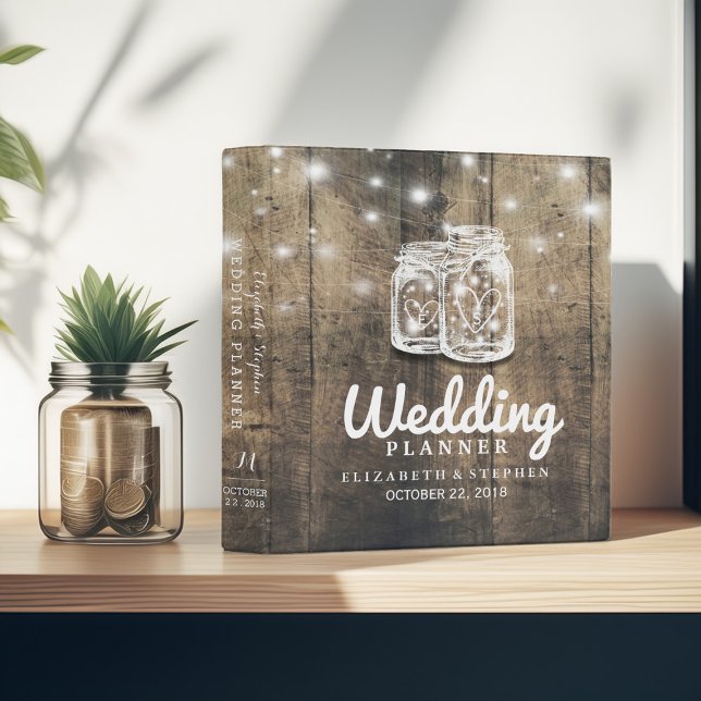 Rustic Wood Mason Jar String Light Wedding Planner Binder (Creator Uploaded)