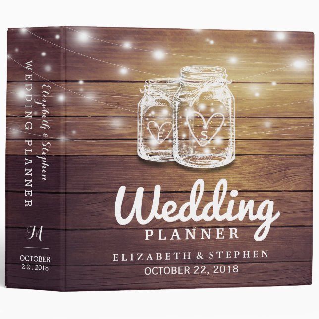 Rustic Wood Mason Jar String Light Wedding Planner Binder (Front/Spine)