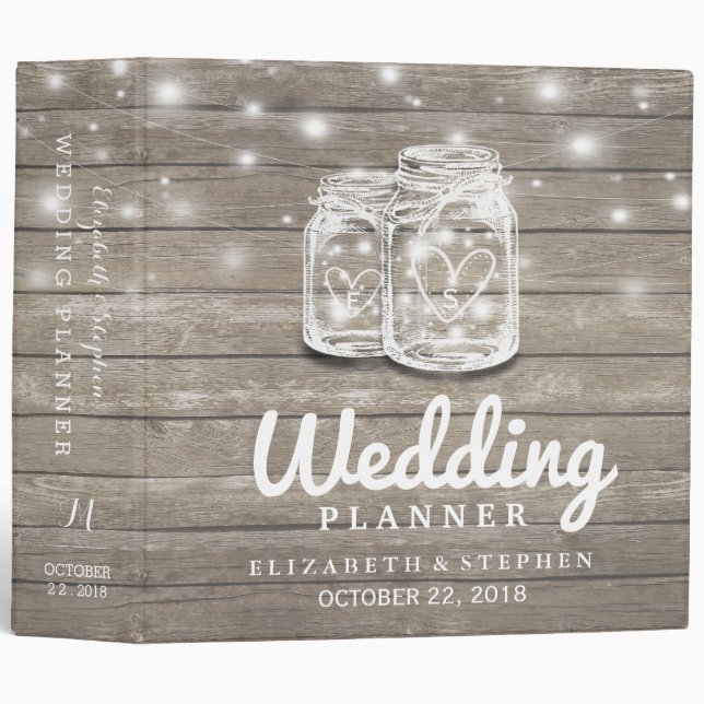Rustic Wood Mason Jar String Light Wedding Planner Binder (Front/Spine)