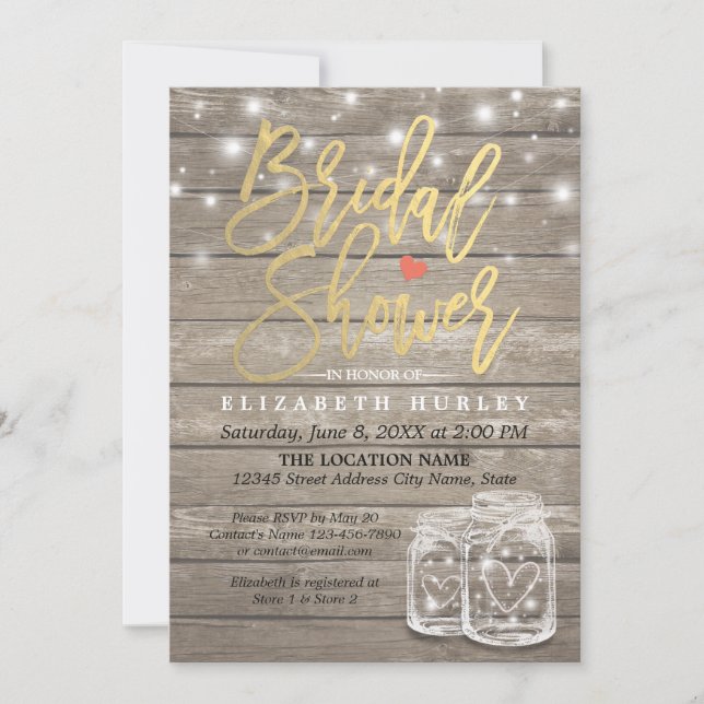 Rustic Wood Mason Jar String Lights Bridal Shower Invitation (Front)