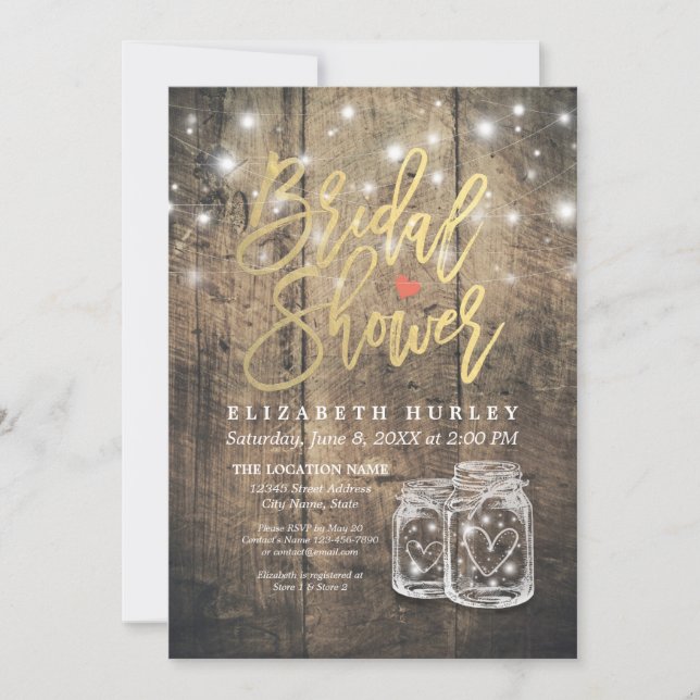 Rustic Wood Mason Jar String Lights Bridal Shower Invitation (Front)