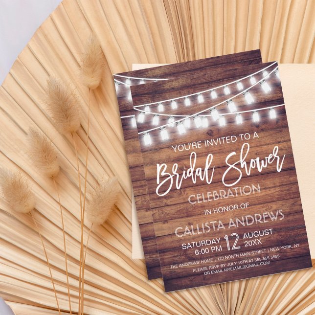 Rustic Wood Mason Jar String Lights Bridal Shower Invitation (Creator Uploaded)