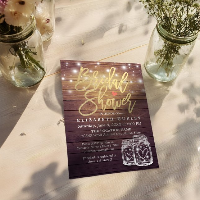 Rustic Wood Mason Jar String Lights Bridal Shower Invitation (Creator Uploaded)