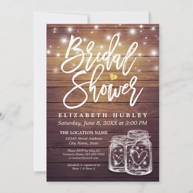 Rustic Wood Mason Jar String Lights Bridal Shower Invitation (Front)