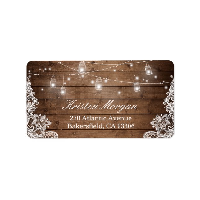 Rustic Wood Mason Jar String Lights Lace Label (Front)