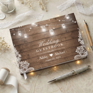 Rustic Wood Mason Jar String Lights Lace Wedding Guest Book