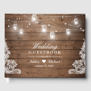 Rustic Wood Mason Jar String Lights Lace Wedding Guest Book
