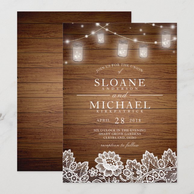 Rustic Wood Mason Jar String Lights Lace Wedding Invitation (Front/Back)