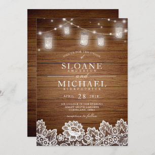 Rustic Wood Mason Jar String Lights Lace Wedding Invitation