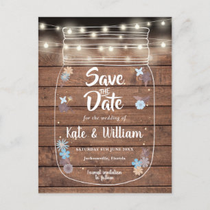 Rustic Wood Mason Jar String Lights Save the Date Invitation Postcard