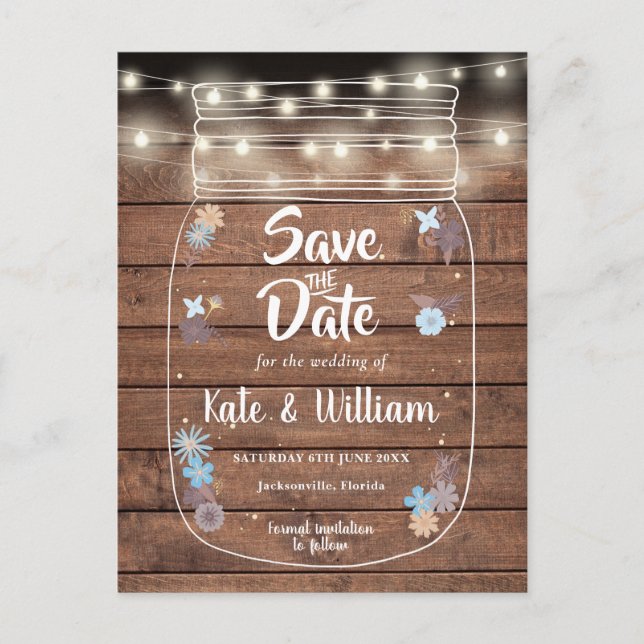 Rustic Wood Mason Jar String Lights Save the Date Invitation Postcard (Front)