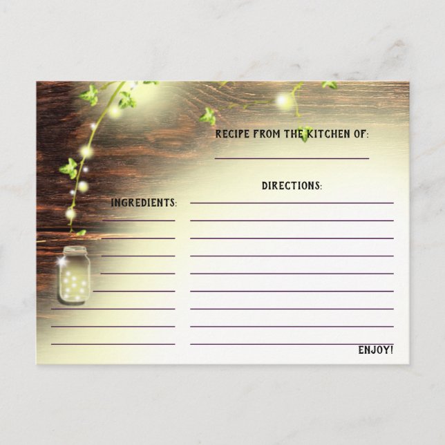 Rustic Wood Mason Jar String Lights Tree Recipe Postcard (Front)