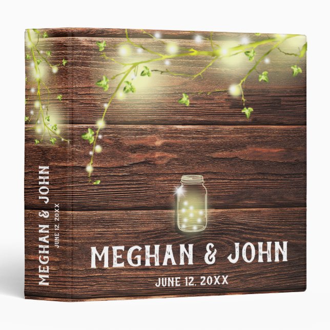 Rustic Wood Mason Jar String Lights Wedding Album Binder (Front/Spine)