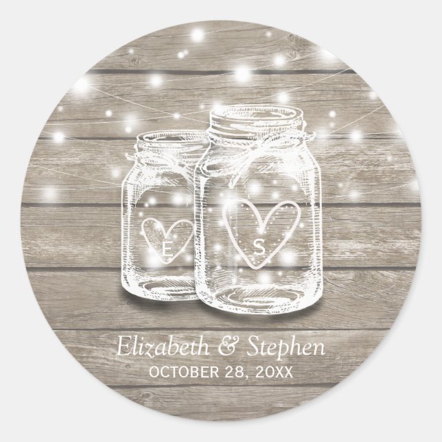 Rustic Wood Mason Jar String Lights Wedding Favour Classic Round Sticker (Front)