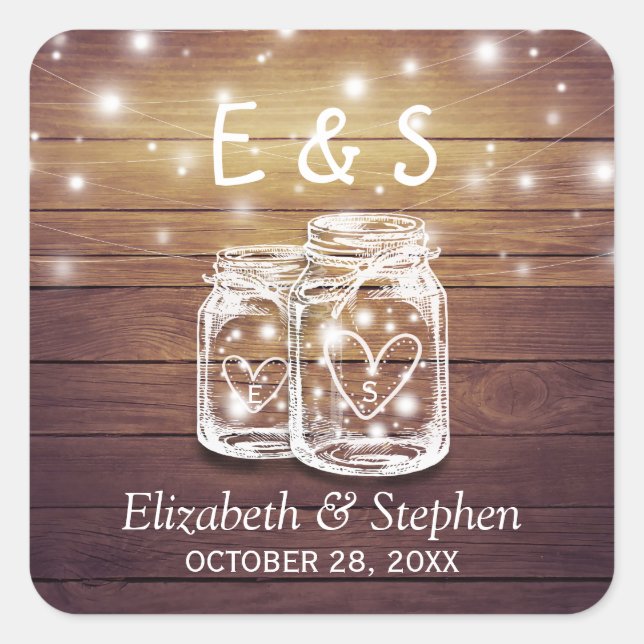 Rustic Wood Mason Jar String Lights Wedding Favour Square Sticker (Front)