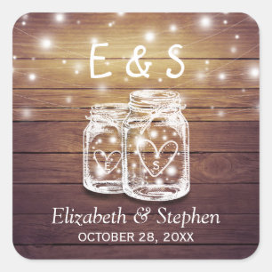 Rustic Wood Mason Jar String Lights Wedding Favour Square Sticker