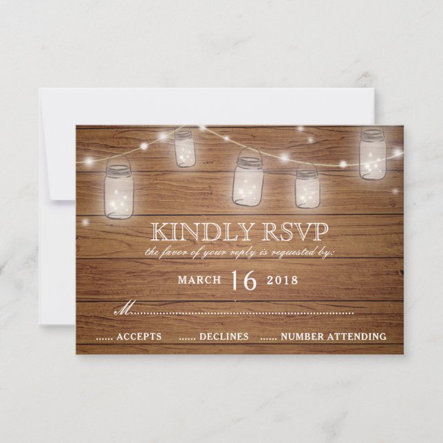 Rustic Wood Mason Jar String Lights Wedding RSVP (Front)