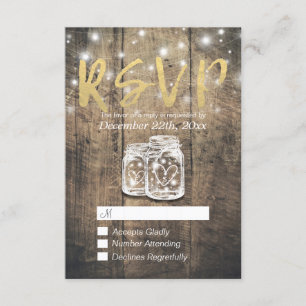 Rustic Wood & Mason Jar String Lights Wedding RSVP Card