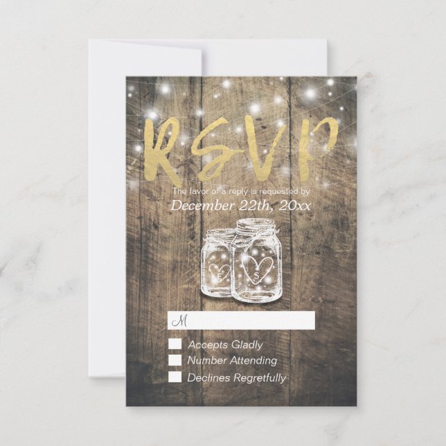 Rustic Wood & Mason Jar String Lights Wedding RSVP Card (Front)