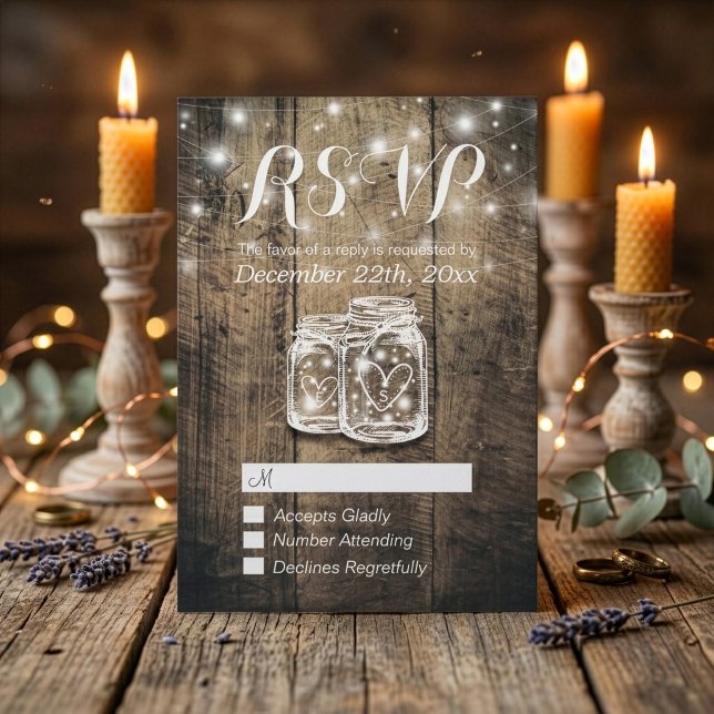 Rustic Wood & Mason Jar String Lights Wedding RSVP Card (Creator Uploaded)