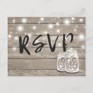 Rustic Wood & Mason Jar String Lights Wedding RSVP Invitation Postcard
