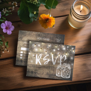 Rustic Wood & Mason Jar String Lights Wedding RSVP Invitation Postcard