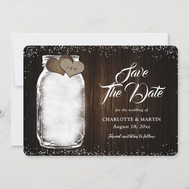 Rustic Wood Mason Jar String Lights Wedding Save The Date (Front)