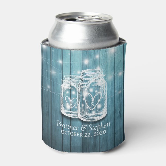 Rustic Wood Mason Jar String Lights Wedding Shower Can Cooler (Can Front)