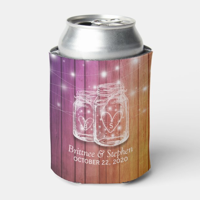 Rustic Wood Mason Jar String Lights Wedding Shower Can Cooler (Can Front)