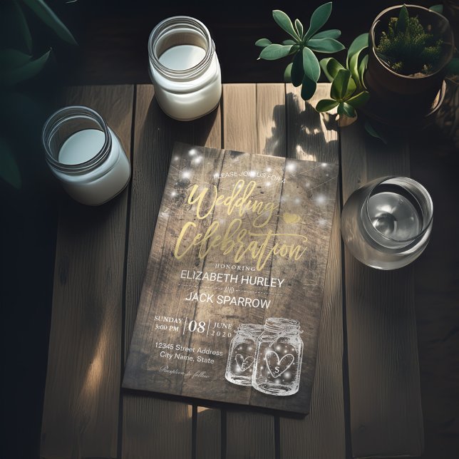 Rustic Wood Mason Jar String Lights Wedding Shower Invitation (Creator Uploaded)