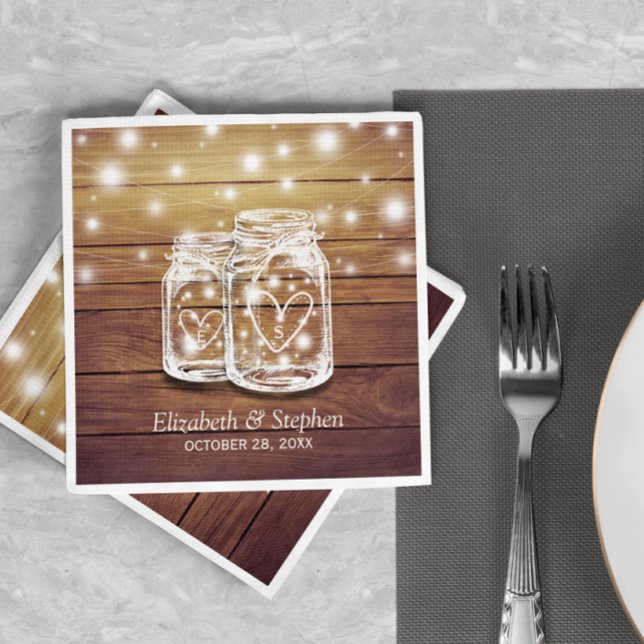 Rustic Wood Mason Jar String Lights Wedding Shower Napkin (Creator Uploaded)