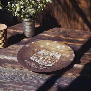 Rustic Wood Mason Jar String Lights Wedding Shower Paper Plate