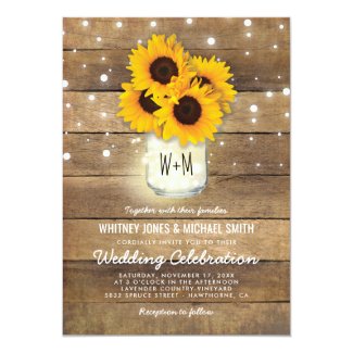 Rustic Wood Mason Jar Sunflowers Lights Wedding Card