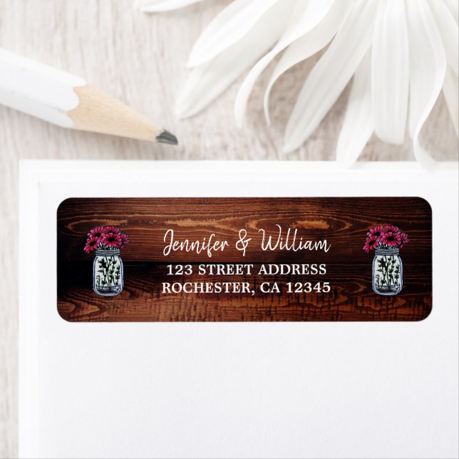 Rustic wood mason jar wedding return address (Insitu)