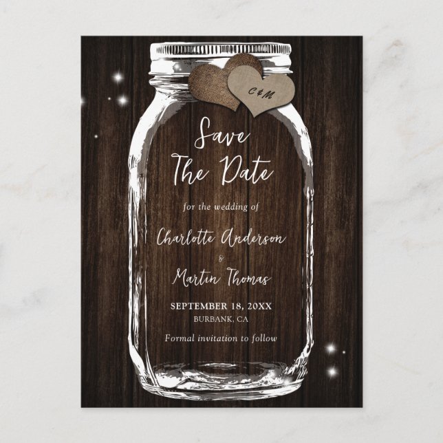 Rustic Wood Mason Jar Wedding Save The Date Announcement Postcard (Front)