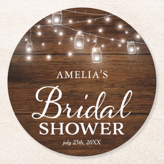 Rustic Wood Mason Jars and Lights Bridal Shower Round Paper Coaster (Front)