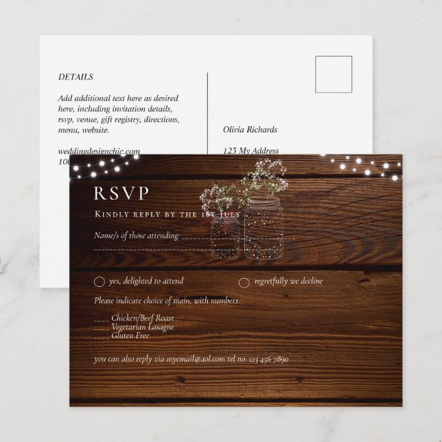 Rustic Wood Mason Jars Lights Gypsophila RSVP Postcard (Front/Back)