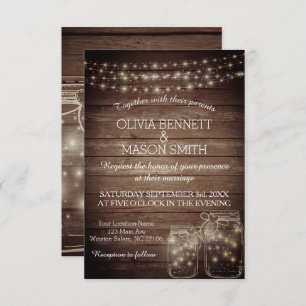 Rustic Wood Mason Jars String Lights Lace Wedding Invitation