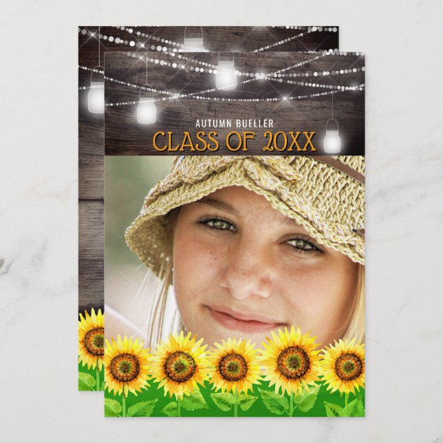 Rustic Wood Mason Jars Sunflower Photo Graduation Invitation (Front/Back)