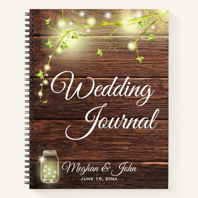 Rustic Wood Mason String Lights Wedding Journal (Front)