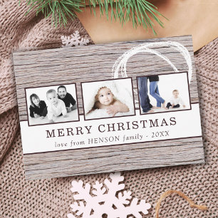 Rustic Wood Merry Christmas 3 Photo Collage Holiday Card