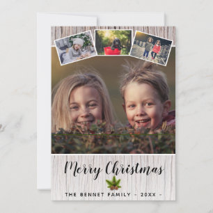 Rustic Wood Merry Christmas Family 4 Photo Collage Holiday Card